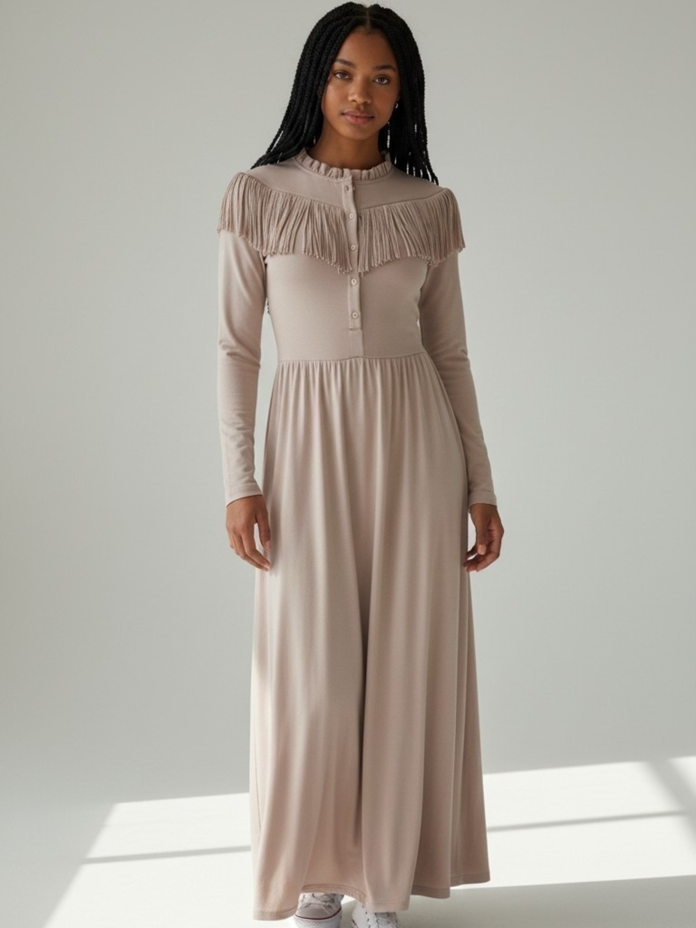 Fringed Yoke Long Sleeve Maxi Dress - Taupe